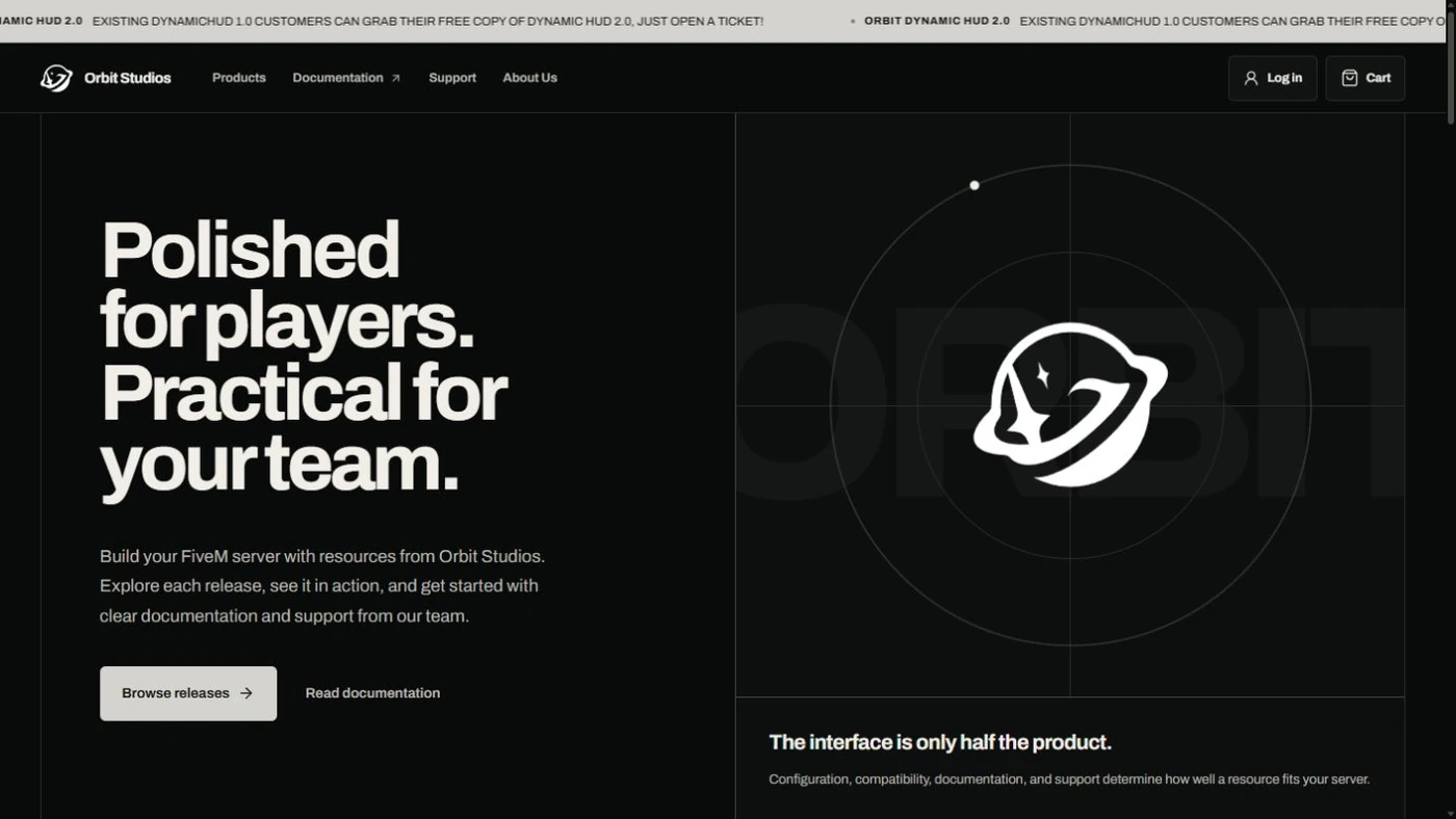 Orbit Studios webstore homepage showing its introduction, Orbit logo, and links to releases and documentation